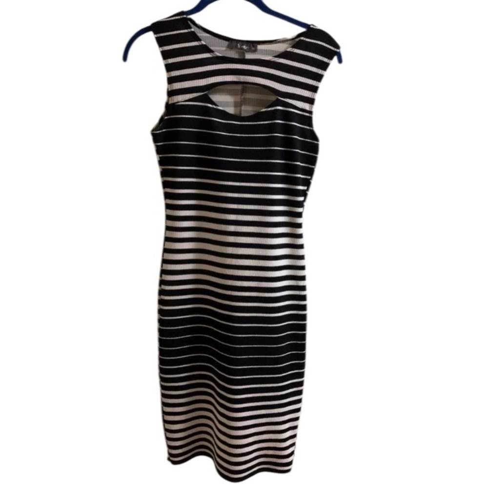PINC Black and White Striped BodyCon Medium Dress Front Oval Cut Out Festival V